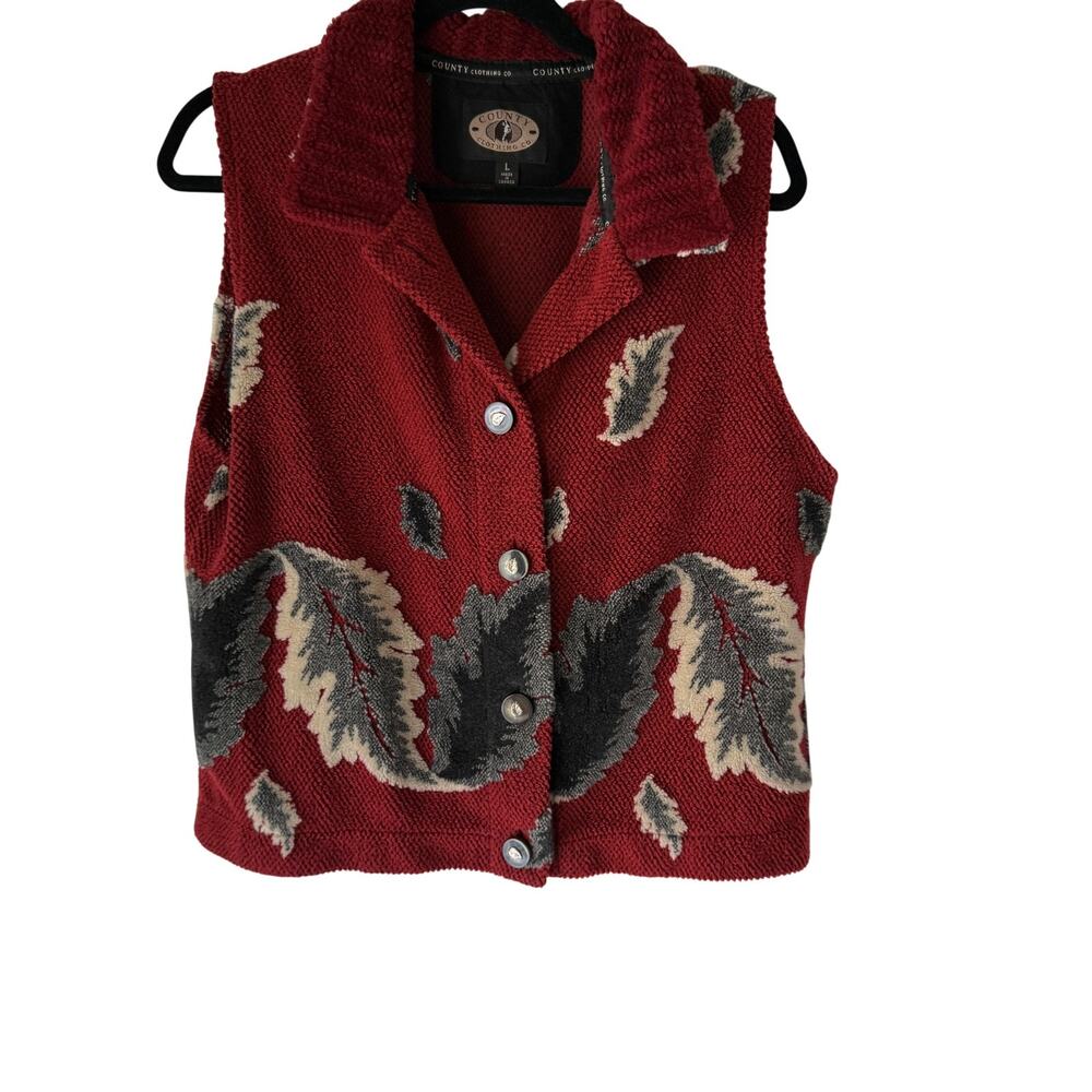 County Clothing Co Sweater Vest Vintage Large Red Leaf‎ Pattern Button Up